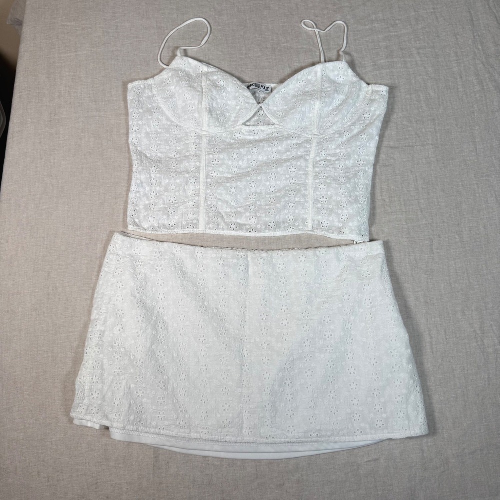 Princess Polly Eyelet Skirt Set Womens 12 White Excellent Cutout Cami Mini 2pc